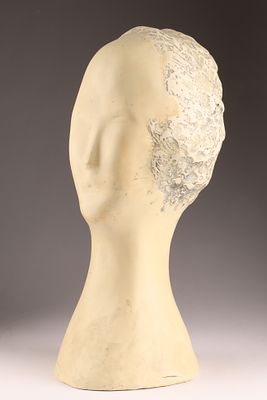 Modernist Molded Female Bust Mannequin in the style of Modigliani. 16 inches H x 6 W.
