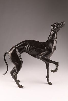 Mid Century Cast Bronze Whippet Greyhound Dog Sculpture. 12.5 inches H x 10 L x 4 deep.