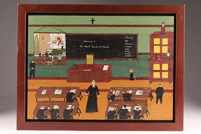 Solange Hubert (Canadian, b. 1946) Acrylic on Wood Panel Folk Art Interior Scene, Lecon No. 5. So 