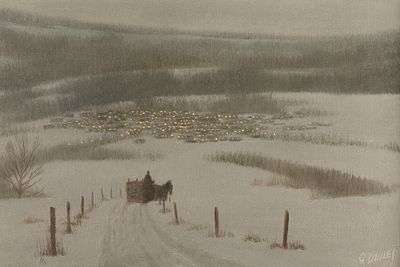 G. Davies, Winter Landscape with Distant Village, Oil on Canvas, Signed. A moody winter 