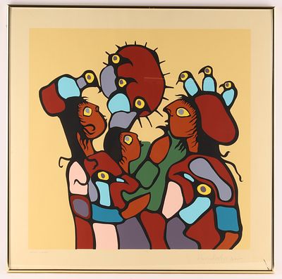 Attrib. Norval Morrisseau Signed Colour Serigraph, Mythic Figures, 20th C.
. Bold colour 