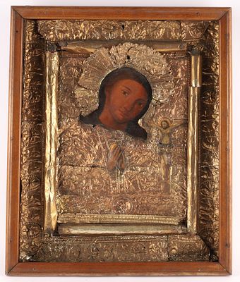 Large Russian Icon of Virgin Dated Copper Oklad 1739, Attrib. Yaroslavl-Kostroma School. Large-fo 