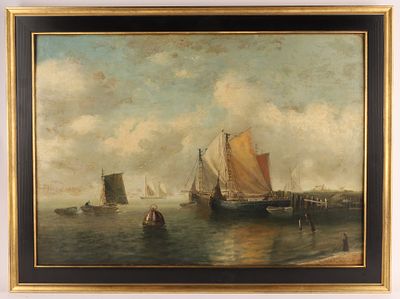 19th C English Maritime Painting, Sailing Vessels at Harbor, Oil on Panel. A finely painted 
