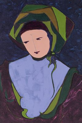 1993 Lyse Marsan "Les Medievales sont en Ville" Painting. Oil on canvas depicting a stylized 