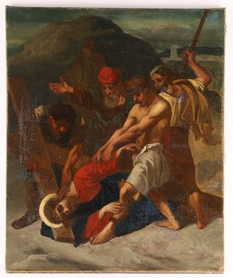 Antique Italian Baroque School Christ Falling Under the Cross with Simon of Cyrene, Oil on 