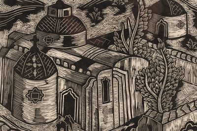 Cawthra Mulock (Canadian, 1915-1998), Linocut Cityscape with Churches. Cawthra Mulock (Canadian 