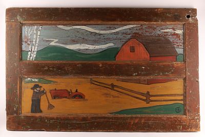 American Folk Art Rural Farm Scene Door Painting Signed EK. American folk art oil painting on a 