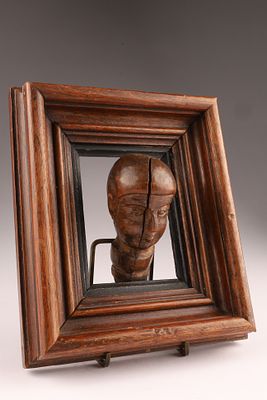 19th C. Miniature Millinery Wood Carved Head in Wooden Frame in the style of the original 