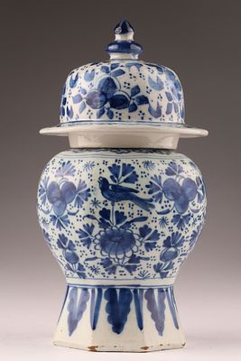 18th C Dutch Delft Blue and White Faience Covered Jar, Signed PK Pieter Kam . 18th C Delft Blue 