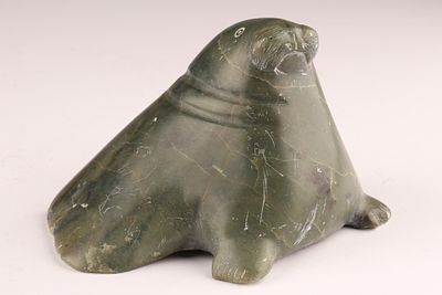 Green Soapstone Walrus Carving, Arctic Animal Sculpture, 4 Inches. Small hand-carved walrus 