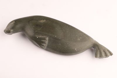 Green Soapstone Seal Carving, Syllabically Signed, Inuit Arctic Sculpture, 7 Inches. Hand-carved 