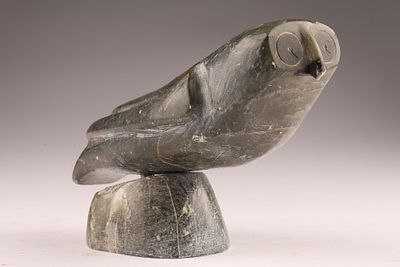 Johnny Karvik (Cape Dorset) Soapstone Owl Sculpture with Inlaid Eyes, 6.25 Inches. Carved 