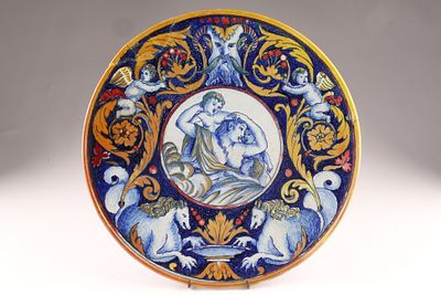 Antique Italian Istoriato Majolica Tin-Glazed Plate with Mythological Scenes, in the Manner of 