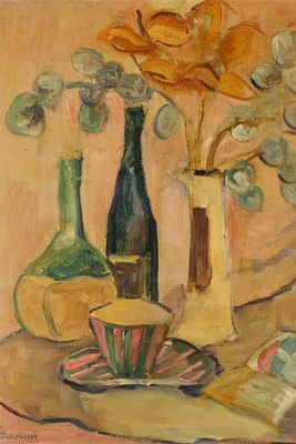 John Goldwater (Canadian, 1922-2013) MCM Signed Oil Painting Still Life Bottles and Flowers. John 