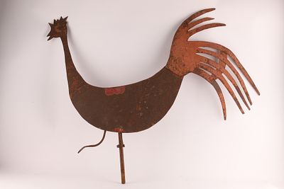 Large Folk Art Rooster Weathervane, Red Cut Sheet Metal
. Large cut sheet metal rooster-form 