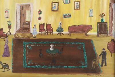 Yvonne D. Rouleau, Le Salon Chez Ma Tante, Dated August 1940, Folk Art Oil on Canvas. Oil on 