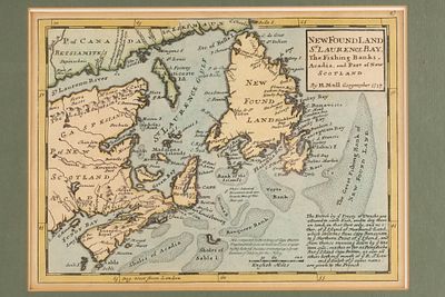 18th Century Map of Newfoundland and St. Lawrence Bay, H. Moll, Hand-Colored. Hand-colored map 