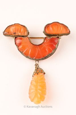 Chinese Carved Carnelian Brooch with Pendant Drop arranged in a stylized three-part form with a 