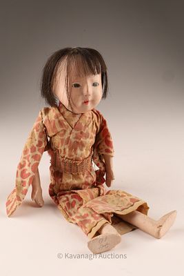 Antique Japanese Ichimatsu Doll, GoFun Head, Kimono Clad Figure. Japanese Ichimatsu-style doll 