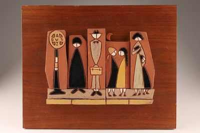1959 MCM Carol Grenon Pottery on Teak Plaque. Mid-Century Modern (MCM) Canadian studio pottery 
