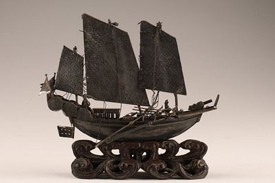 Antique Chinese Export Silver Model of A Junk Ship. Antique Chinese export silver model of a 