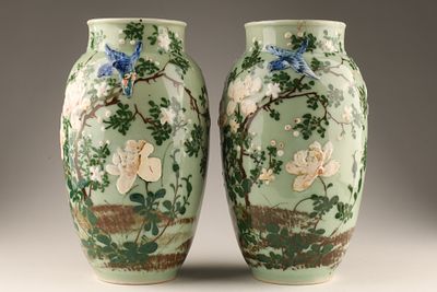 Pair Antique Japanese Celadon Porcelain Vases with Raised Decoration. Pair of antique Japanese 