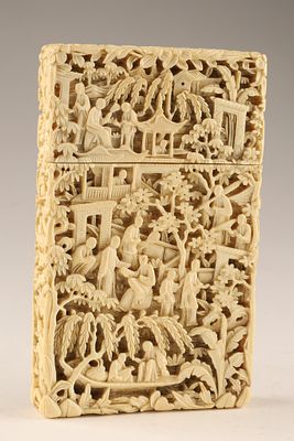Antique Chinese Intricately Carved Card Case, Figural Landscape. An antique Chinese carved card 