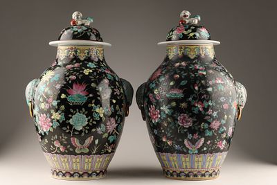 Pair of Chinese Famille Noire Porcelain Covered Temple or Ginger Jars. A pair of Chinese Famille 