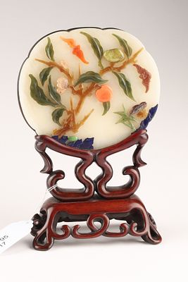 Antique Chinese Jade Plaque Screen, Peaches and Bats. A decorative antique Chinese table screen 