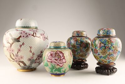 Lot of Four Chinese Cloisonne Ginger Jars, Cherry Blossom, Mille Fleur. Lot of Four Chinese 