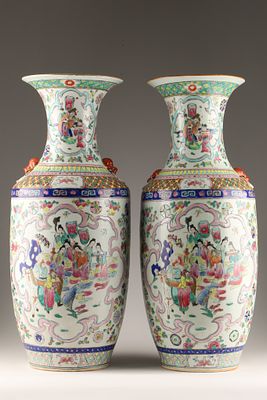 Pair of Signed Chinese Famille Rose Porcelain Vases. A pair of Chinese Famille Rose porcelain 