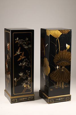 Pair Asian Lacquer Pedestal Stands, Hand-Painted Floral and Bird Motifs. Pair of Asian lacquer 