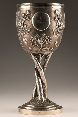 Antique Chinese Export Silver Repousse Goblet Floral Decoration. Antique Chinese Export Silver 