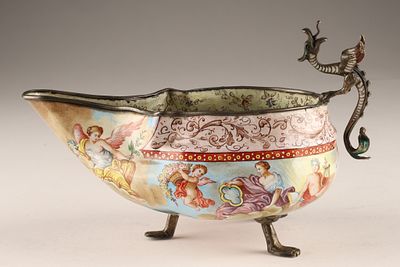 19th C Antique Viennese Silver Gilt and Painted Enamel Cabinet Bowl or Sauceboat. Antique 