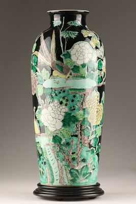 Antique Chinese Famille Noire Rouleau Vase Birds / Peonies and Pheasants. Chinese antique tall 