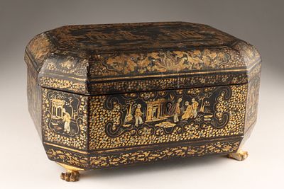 19th C Chinese Export Black Lacquer Tea Caddy with Pewter Inserts. 19th-century Chinese export 