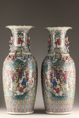 A Pair of Large Chinese Famille Rose Figures Vases, 19th Century, decorated in the classic 