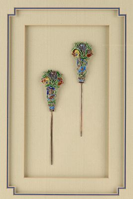 Pair of Antique Chinese Silver and Enamel Floral Hair Pins. Decorated with a colourful 