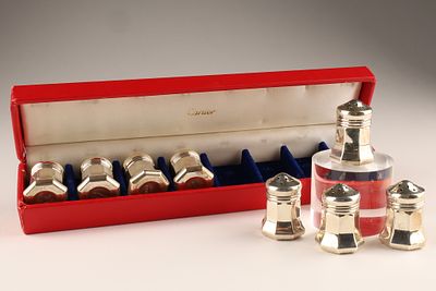 Cartier Sterling Silver Salt Shakers Set of Eight in Original Box. A set of eight Cartier 
