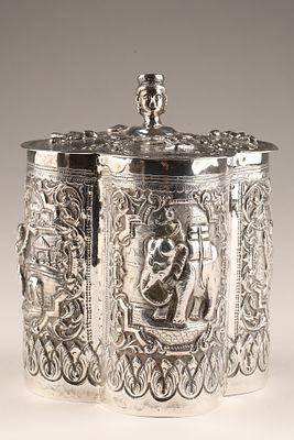 Chinese Export Sterling Silver Quatrefoil Box Tea Caddy, Elephants and Figures. Chinese Export 