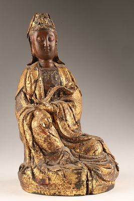 Antique Chinese Seated Guanyin Figure Holding Ruyi Scepter, Gilt Lacquer. A seated figure of 