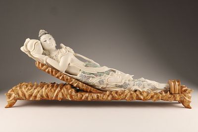 Large Chinese Finely Carved Reclining Guanyin with Peach Signed. Large Chinese Finely Carved 
