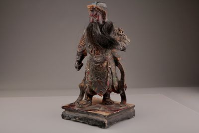 Antique Chinese Polychrome Lacquer Temple Figure of Guan Yu. Chinese polychrome lacquer temple 