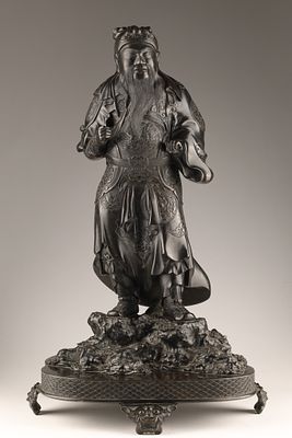 Large 19th C Chinese Bronze Warrior Figure, Guan Yu Signed. Large 19th C Chinese Bronze Warrior 