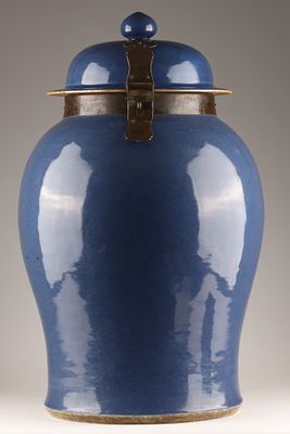 Large Antique Chinese Powder Blue Porcelain Temple Jar with Lid, Bronze Mounts. A large 19th C 