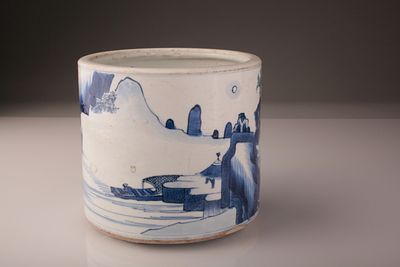 Chinese Blue And White Porcelain Cylindrical Brush Pot Or Censer, Probably Kangxi. Kangxi period 