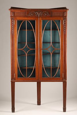 19th C Mahogany Sheraton Revival Corner Display Cabinet. An antique Mahogany Sheraton revival 