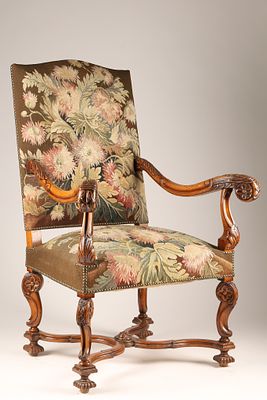 19th C French Louis XIII Style High-back Throne Armchair, Floral Tapestry Upholstery. A Louis 