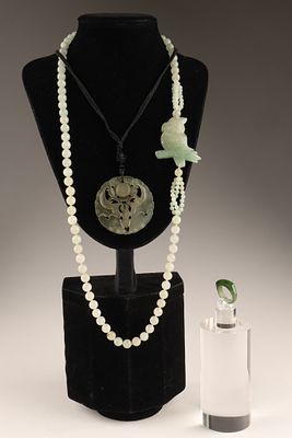 Group of Chinese Jade Jewelry, Necklaces, Ring. A pale jade beads necklace with owl pendant 