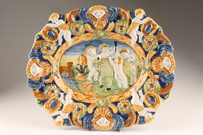 Antique Italian Maiolica Charger, Renaissance Revival . Antique Italian polychrome maiolica 